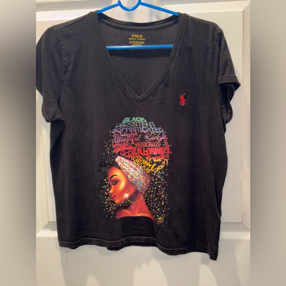 So&Sew’s / Polo Ralph Lauren Tops - So&Sew’s Upcycled V-neck (Polo Ralph Lauren) short-sleeved tee ”I Am Africana”